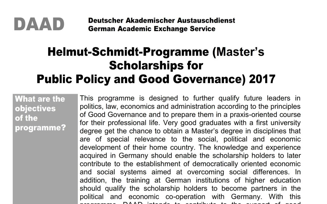 Helmut-Schmidt-Programme (Master’s Scholarships for Public Policy and Good Governance) – June 2016